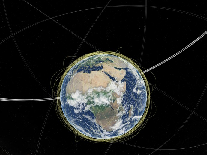 Grafische Darstellung der Umlaufbahnen von Satelliten um den Planeten Erde. (öffnet vergrößerte Bildansicht)