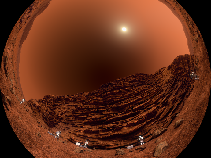 Astronauten in weißen Anzügen stehen vor einer roten Felswand vom Mars unter einem roten Himmel. (vergrößerte Bildansicht wird geöffnet)