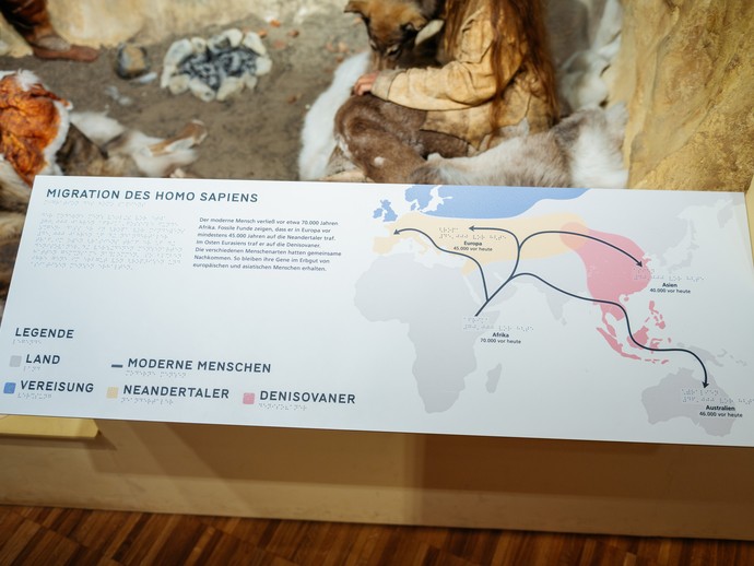 Eine Inforamtionstafel zur Migration des Homo Sapiens mit Braille-Schrift. Im Hintergrund sind Menschen in einer Höhle umringt mit Fellen zu sehen. (vergrößerte Bildansicht wird geöffnet)