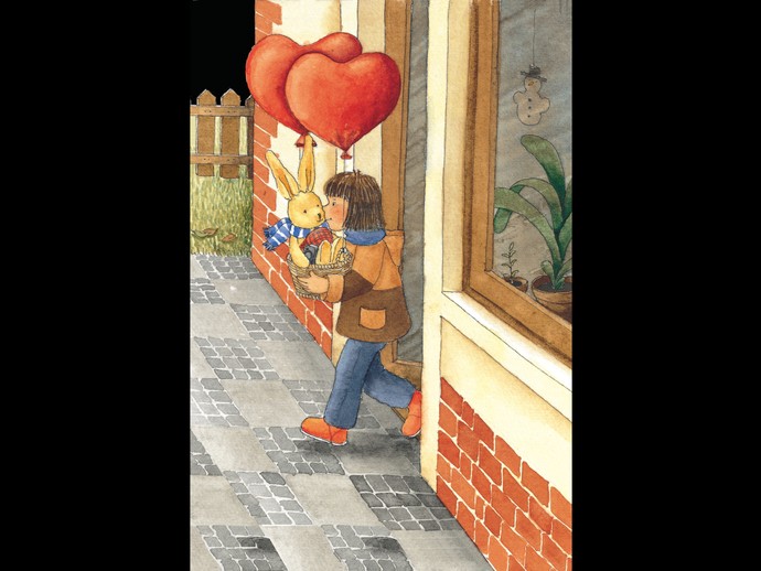 Ein Mädchen trägt den Hasen Felix in einem Korb mit Herzchen-Luftballons. (vergrößerte Bildansicht wird geöffnet)
