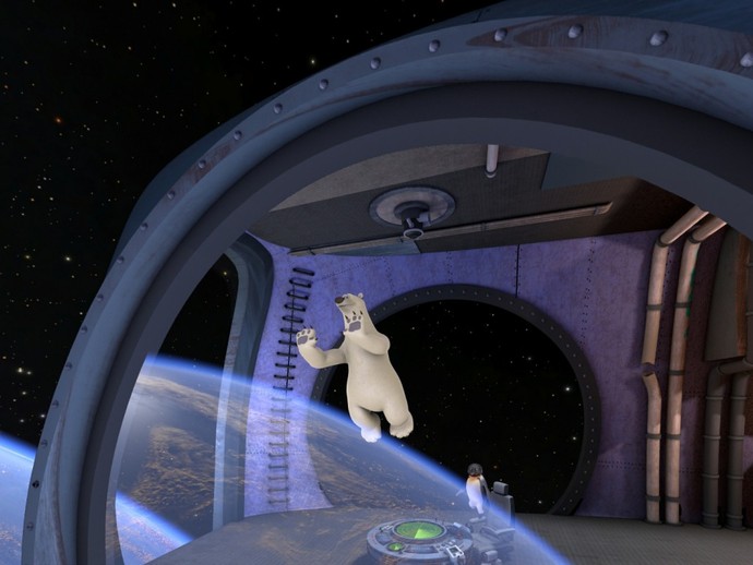Mit einem Raumschiff fliegen ein Pinguin und ein Eisbär durch das Weltall. (öffnet vergrößerte Bildansicht)