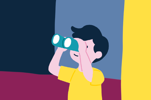 Eine grafische Farstellung von einem Kind, das durch ein Fernglas schaut vor einem bunten Hintergrund.