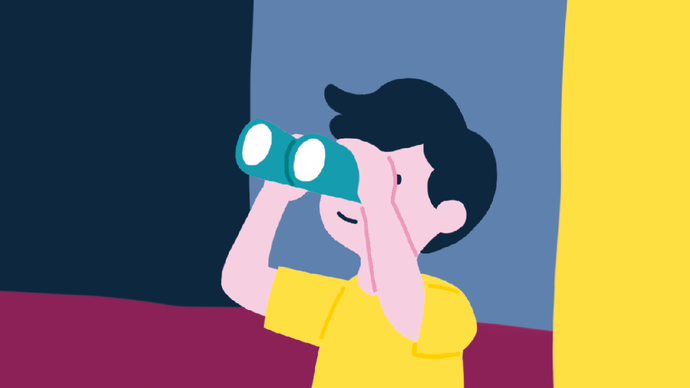 Eine grafische Farstellung von einem Kind, das durch ein Fernglas schaut vor einem bunten Hintergrund.