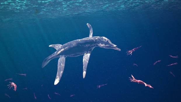 Animierter Peloneustes im Ozean beim Fische fangen.