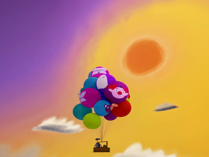 Ein Hamster fliegt zusammen mit einem Roboter mit Luftballons ins Weltall. Im Hintergrund sieht man die Sonne. (vergrößerte Bildansicht wird geöffnet)