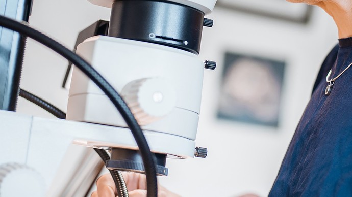 A person looks into a microscop. A person looks into a microscop.