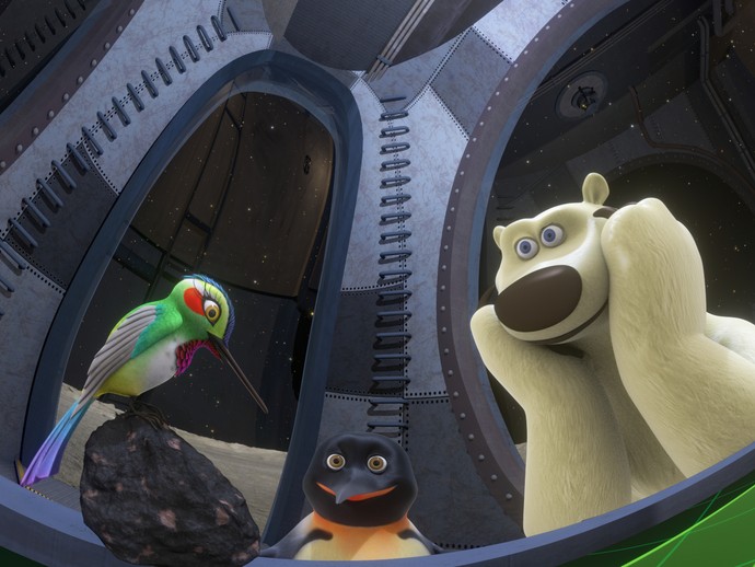 Ein animierter Pinguin, Kolibri und Eisbär erkunden zusammen das Universum. (vergrößerte Bildansicht wird geöffnet)