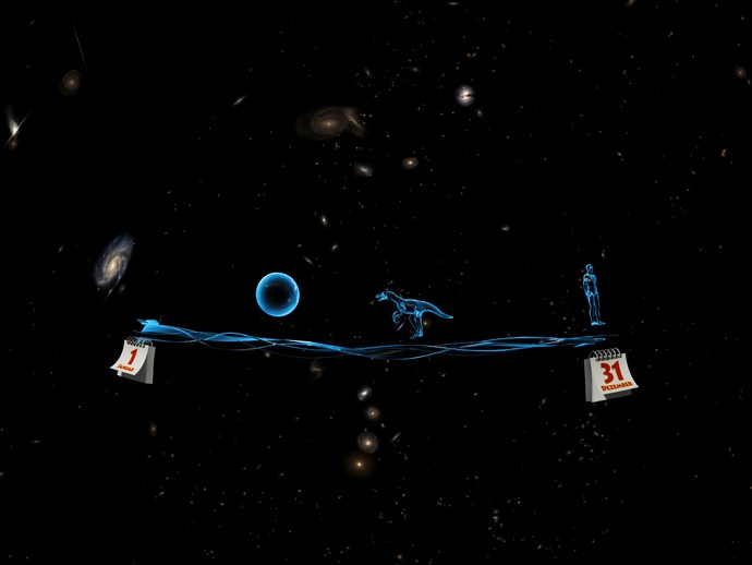 Eine blaue Zeitachse vor dem Weltall, die den Verlauf vom Urknall bis zum Menschen wiedergibt. (vergrößerte Bildansicht wird geöffnet)