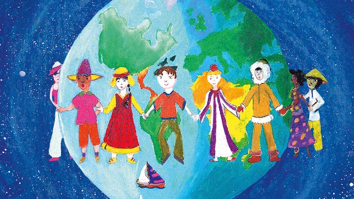 Kinder aus aller Welt, die den Planeten Erde umkreisen und sich die Hände reichen.
