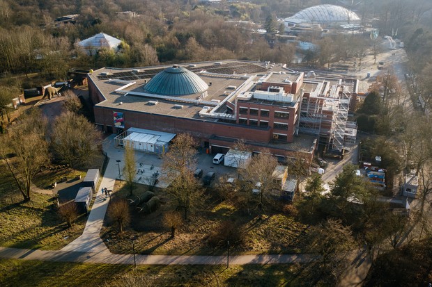 Drone footage of the museum and the building site.