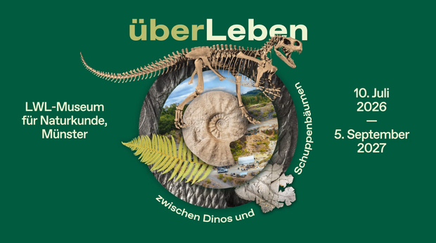 Grünes Plakat zur Ausstellung "überLeben zwischen Dinos und Schuppenbäumen": Fotos von Ammonit und Dinoskelett.