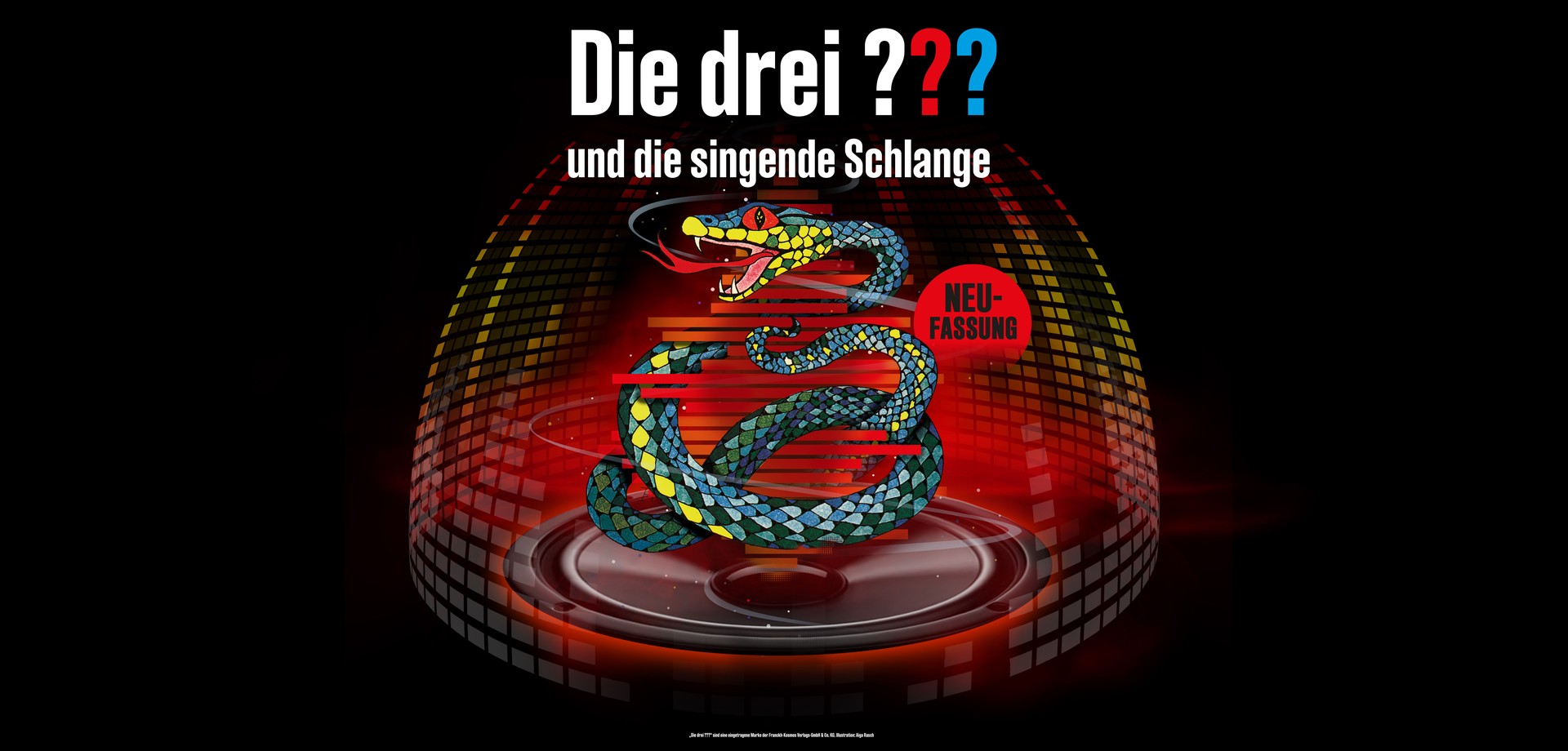 Plakat zum Hörspiel mit Schriftzug "Die drei ???", farbiger Dome-Darstellung und einem Lautsprecher auf dem eine gezeichnete Schlange sitzt.