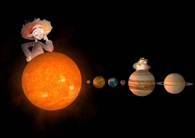 In der Grafik sind Sophie und Ihre Eule mit der Sonne und einigen Planeten zu sehen.