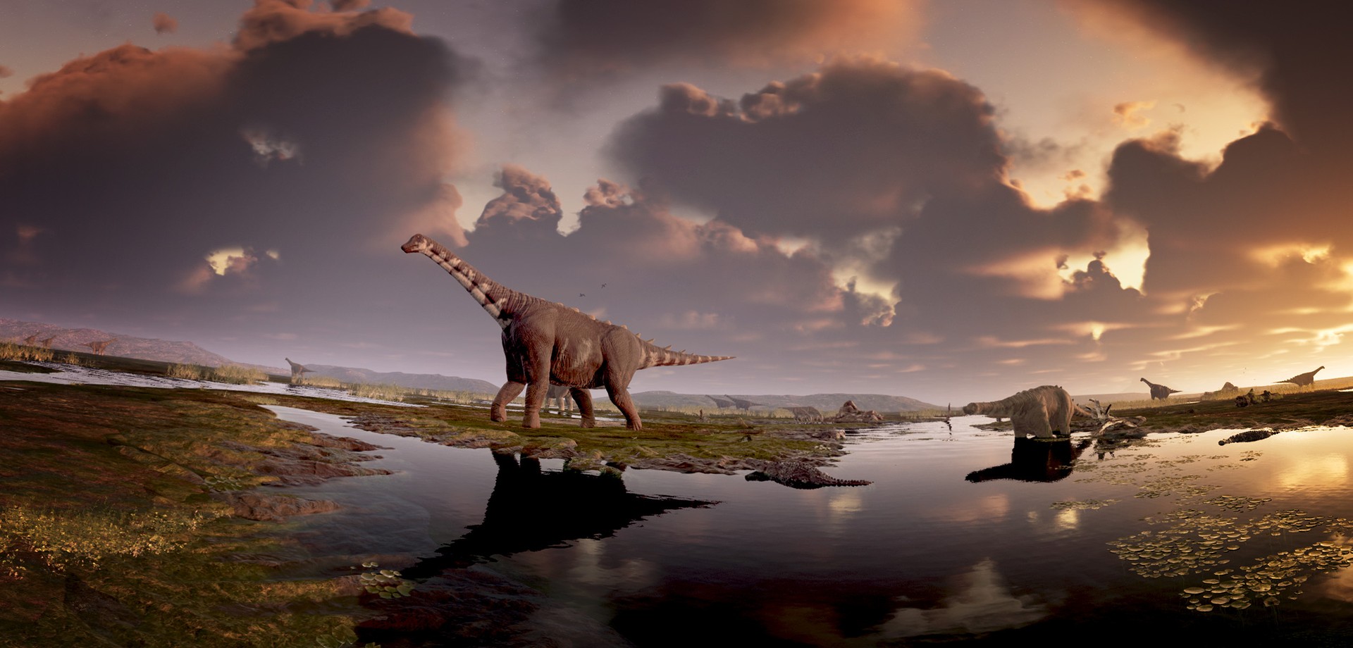 Eine Animation von unterschiedlichen Dinosauriern in einer Sumpflandschaft