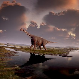 Eine Animation von unterschiedlichen Dinosauriern in einer Sumpflandschaft