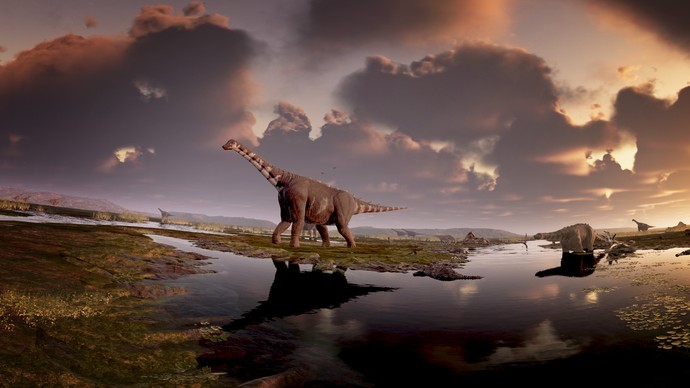 Eine Animation von unterschiedlichen Dinosauriern vor einer Sumpflandschaft.