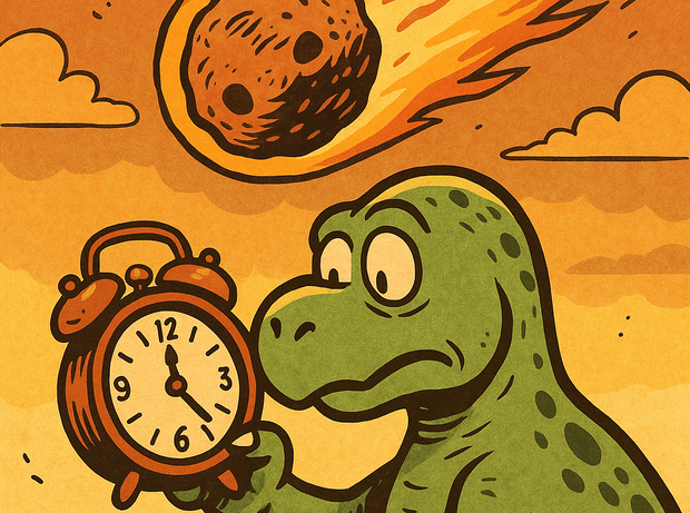 Grafitk eines Dinosauriers, der auf eine Uhr schaut während im Hintergrund ein Meteorit auf die Erde zufliegt.