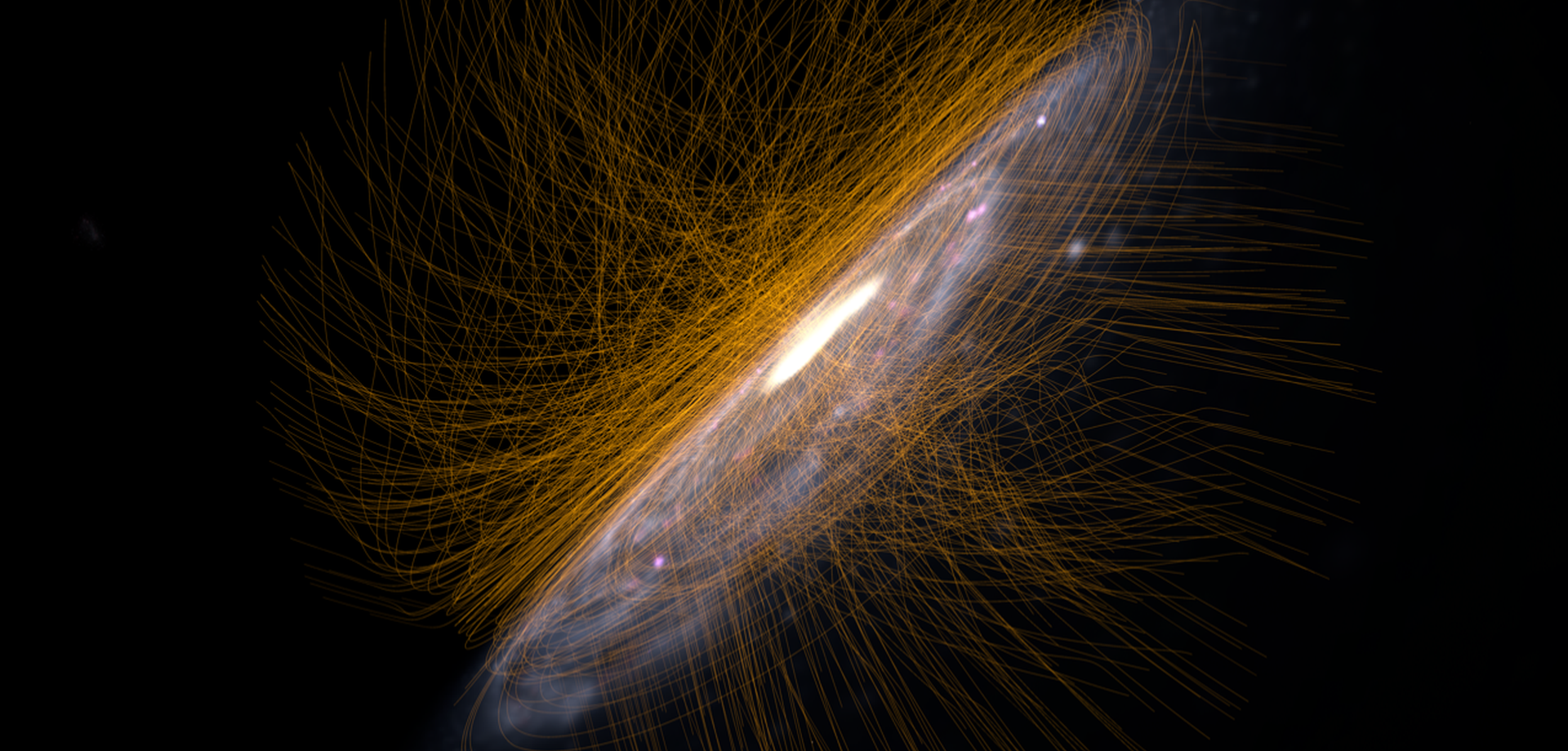 Die Milchstraße mit ihrem Magnetfeld (goldene Linien) wie es in den aktuellsten Simulationen modelliert wurde. Die Milchstraße mit ihrem Magnetfeld (goldene Linien) wie es in den aktuellsten Simulationen modelliert wurde.