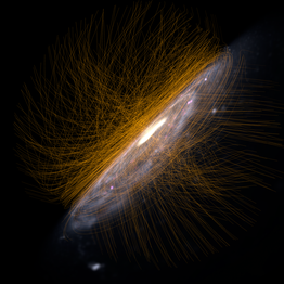 Die Milchstraße mit ihrem Magnetfeld (goldene Linien) wie es in den aktuellsten Simulationen modelliert wurde.