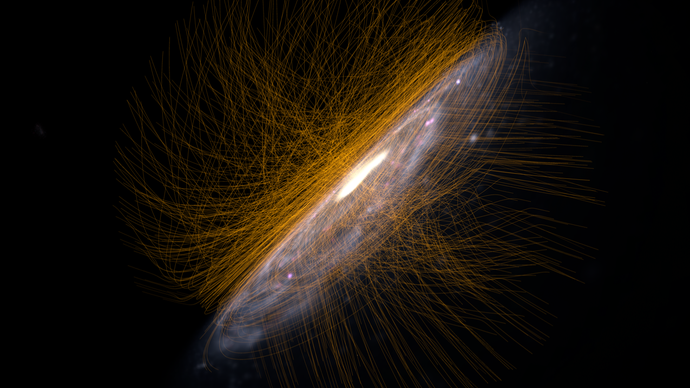 Die Milchstraße mit ihrem Magnetfeld (goldene Linien) wie es in den aktuellsten Simulationen modelliert wurde.