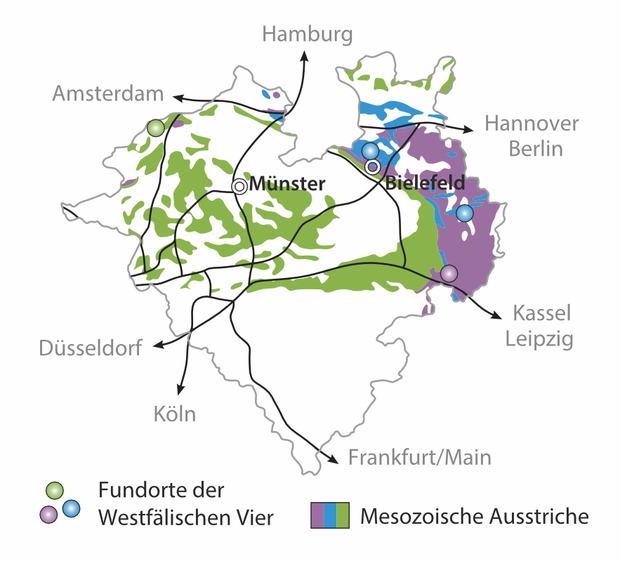 Karte von Westfahlen, eingefärbt sind die Fundorte der Fossilien.