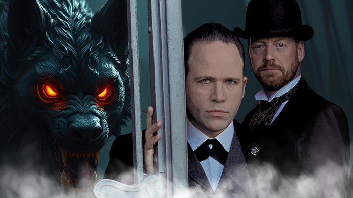 Zwei Männer in viktorianischer Kleidung stehen vor einer düstenren Szenerie,neben einem riesigen Wolf mit leuchtenden Augen(künstlerische Darstellung)