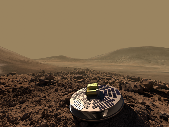 Instrument auf der Marsoberfläche. (öffnet vergrößerte Bildansicht)