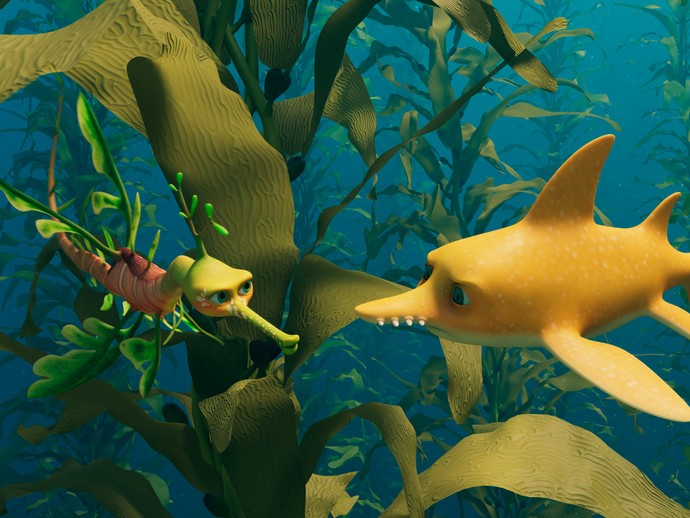Animation eines Seepferdchens und eines Fisches in den Tiefen des Meeres. (öffnet vergrößerte Bildansicht)