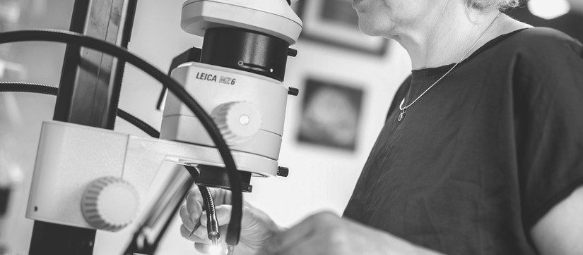 Frau schaut in ein Mikroskop - Bereich Wissenschaft